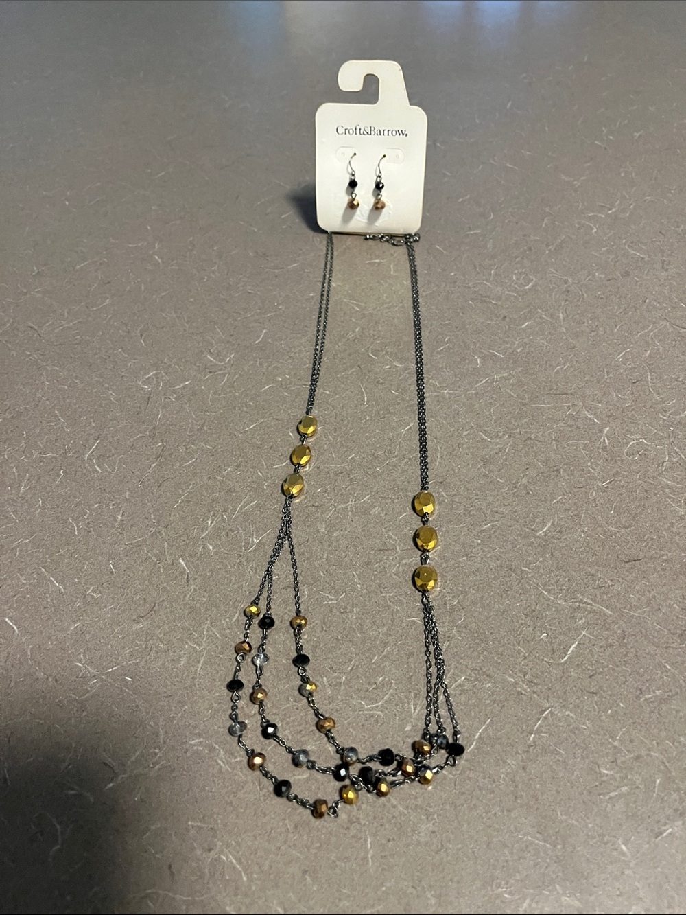 NWT Croft & barrow Black and Gold Multi-Strand Beaded Necklace with Earrings